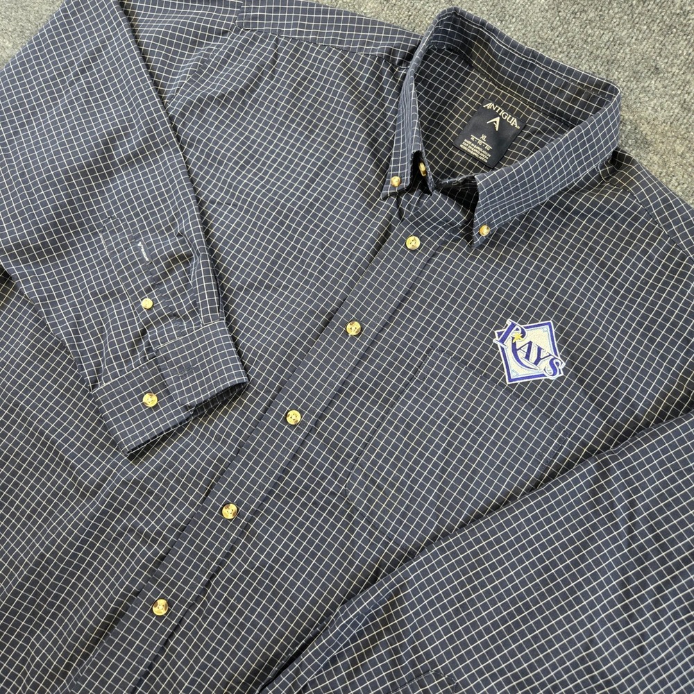 Antigua MLB Tampa Bay Rays Navy Micro Grid Plaid Performance Shirt Mens XL